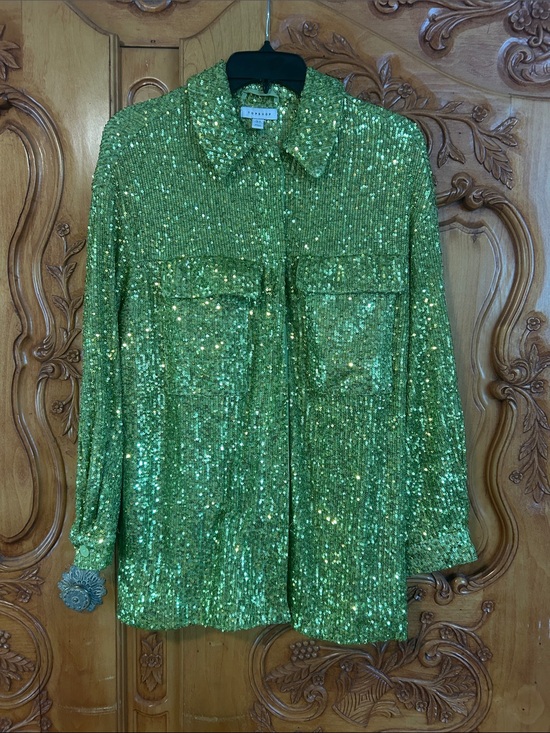 Topshop Jackets & Blazers - Topshop Lime Green Sequin Shirt Jacket